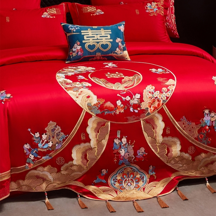 91家纺网 家纺一手货源 找家纺 红番天婚庆 （控价）2025新款全棉新中式刺绣款婚庆四件套多件套 福瑞百子
