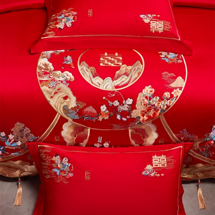91家纺网 家纺一手货源 找家纺 红番天婚庆 （控价）2025新款全棉新中式刺绣款婚庆四件套多件套 福瑞百子