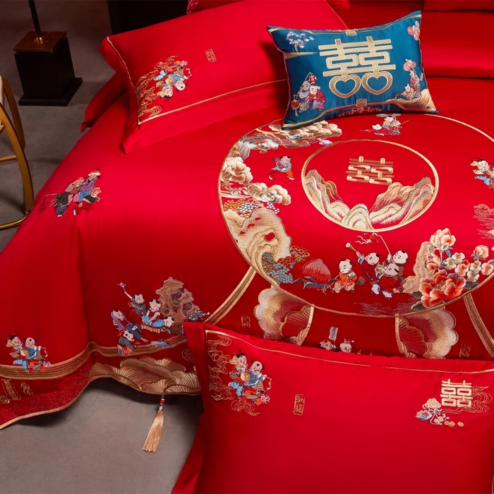 91家纺网 家纺一手货源 找家纺 红番天婚庆 （控价）2025新款全棉新中式刺绣款婚庆四件套多件套 福瑞百子