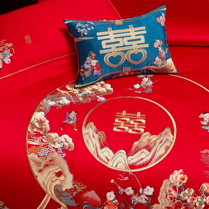 91家纺网 家纺一手货源 找家纺 红番天婚庆 （控价）2025新款全棉新中式刺绣款婚庆四件套多件套 福瑞百子