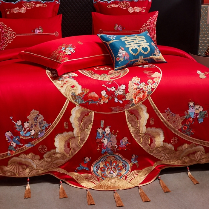 91家纺网 家纺一手货源 找家纺 红番天婚庆 （控价）2025新款全棉新中式刺绣款婚庆四件套多件套 福瑞百子
