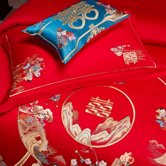 91家纺网 家纺一手货源 找家纺 红番天婚庆 （控价）2025新款全棉新中式刺绣款婚庆四件套多件套 福瑞百子