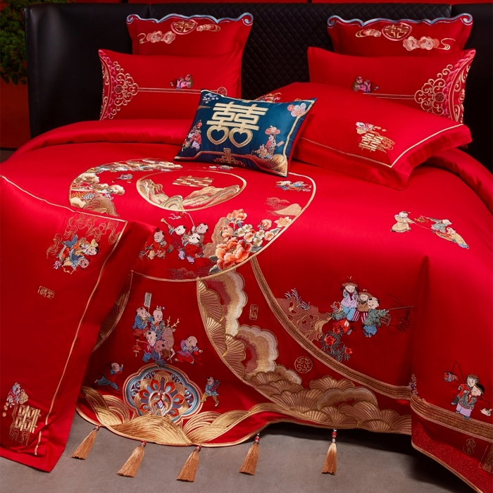 91家纺网 家纺一手货源 找家纺 红番天婚庆 （控价）2025新款全棉新中式刺绣款婚庆四件套多件套 福瑞百子