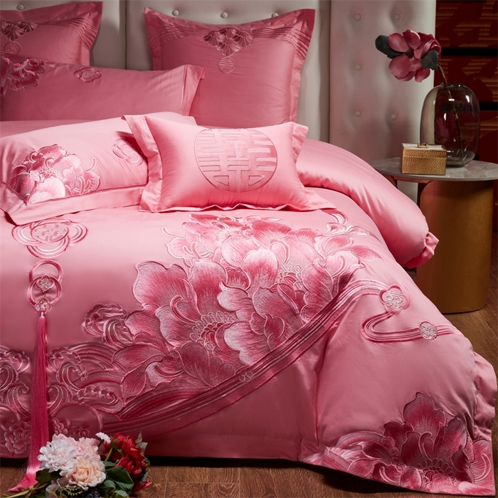 91家纺网 家纺一手货源 找家纺 红番天婚庆 （控价）2025新款全棉新中式刺绣款婚庆四件套多件套 富贵荣华-粉