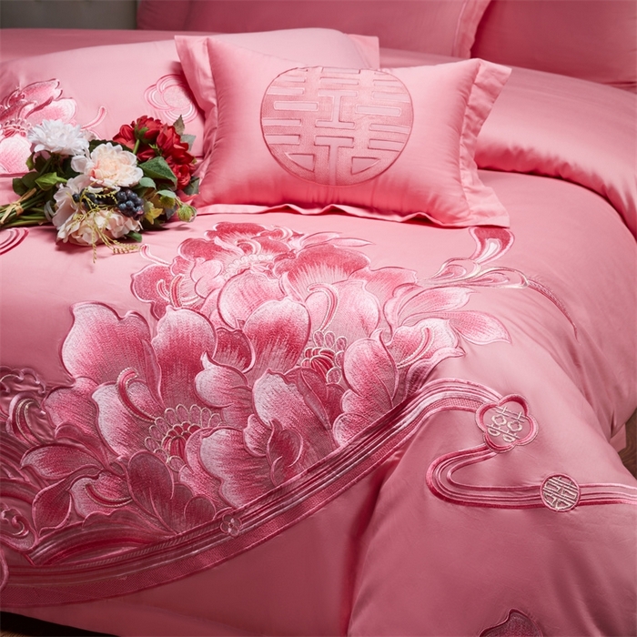 91家纺网 家纺一手货源 找家纺 红番天婚庆 （控价）2025新款全棉新中式刺绣款婚庆四件套多件套 富贵荣华-粉