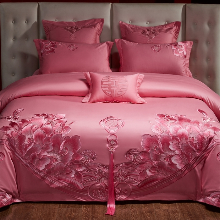 91家纺网 家纺一手货源 找家纺 红番天婚庆 （控价）2025新款全棉新中式刺绣款婚庆四件套多件套 富贵荣华-粉