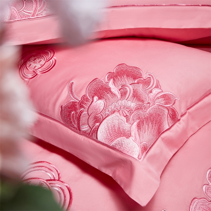 91家纺网 家纺一手货源 找家纺 红番天婚庆 （控价）2025新款全棉新中式刺绣款婚庆四件套多件套 富贵荣华-粉