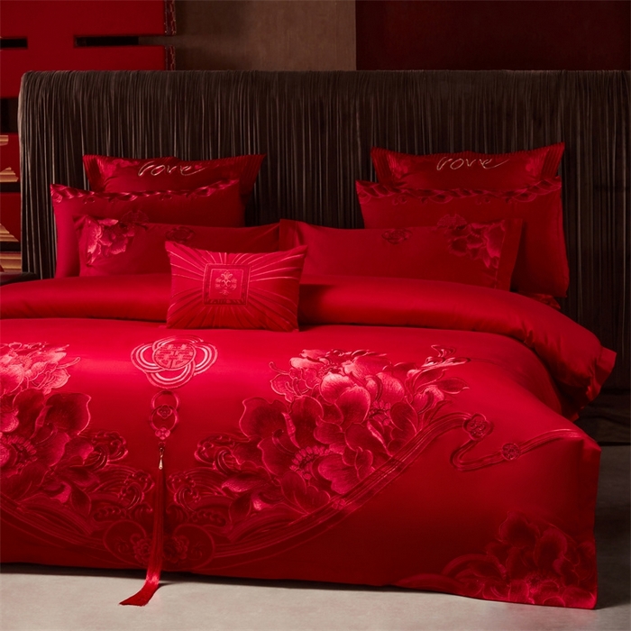 91家纺网 家纺一手货源 找家纺 红番天婚庆 （控价）2025新款全棉新中式刺绣款婚庆四件套多件套 富贵荣华-红