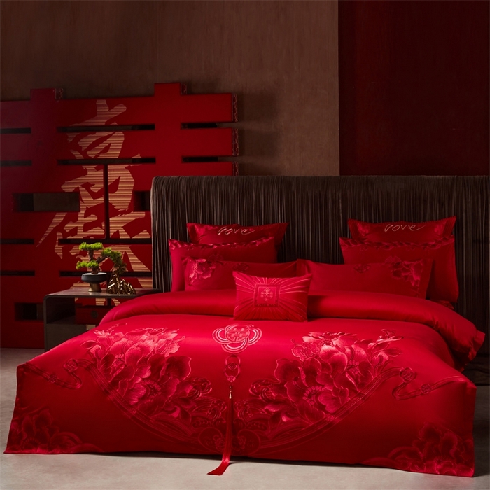 91家纺网 家纺一手货源 找家纺 红番天婚庆 （控价）2025新款全棉新中式刺绣款婚庆四件套多件套 富贵荣华-红