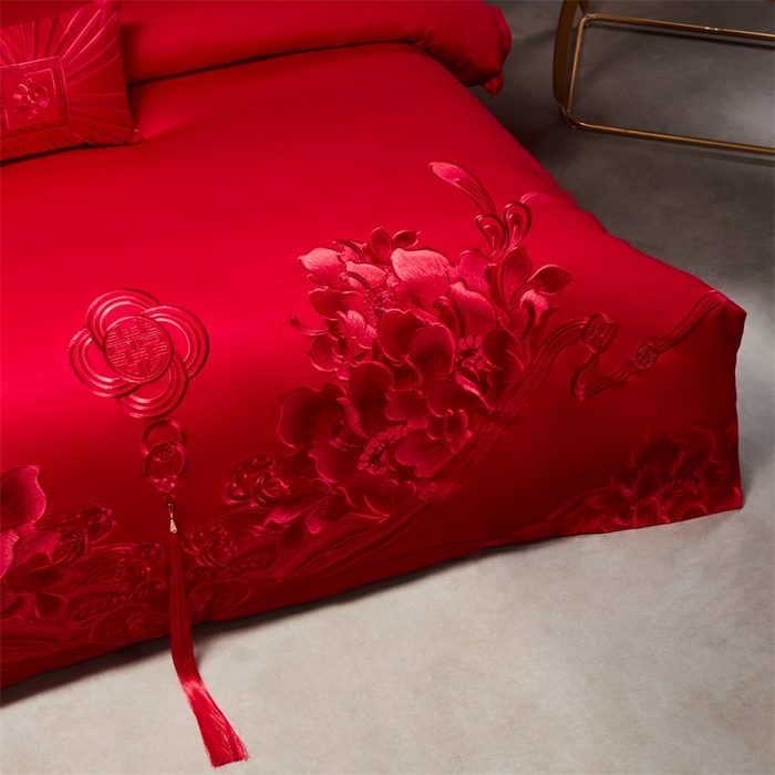 91家纺网 家纺一手货源 找家纺 红番天婚庆 （控价）2025新款全棉新中式刺绣款婚庆四件套多件套 富贵荣华-红