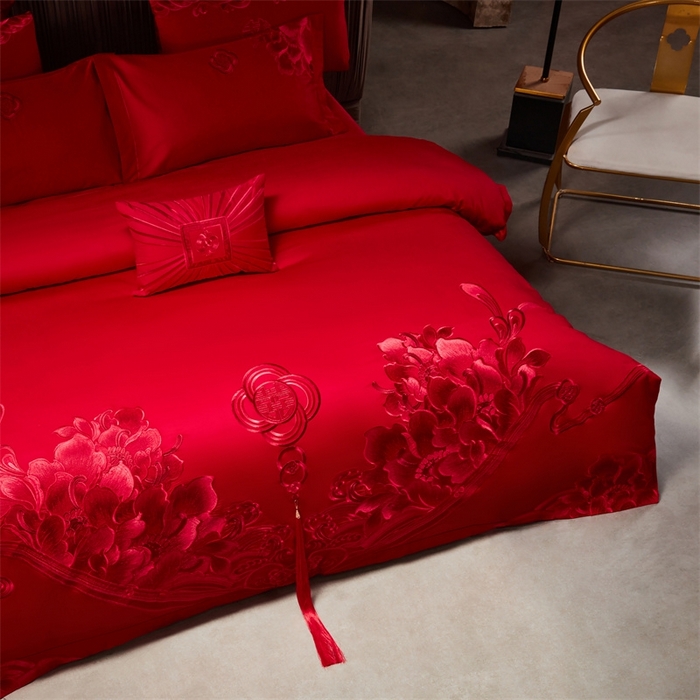 91家纺网 家纺一手货源 找家纺 红番天婚庆 （控价）2025新款全棉新中式刺绣款婚庆四件套多件套 富贵荣华-红