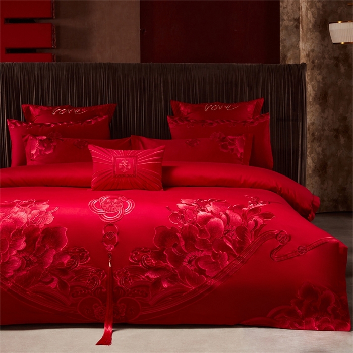 91家纺网 家纺一手货源 找家纺 红番天婚庆 （控价）2025新款全棉新中式刺绣款婚庆四件套多件套 富贵荣华-红