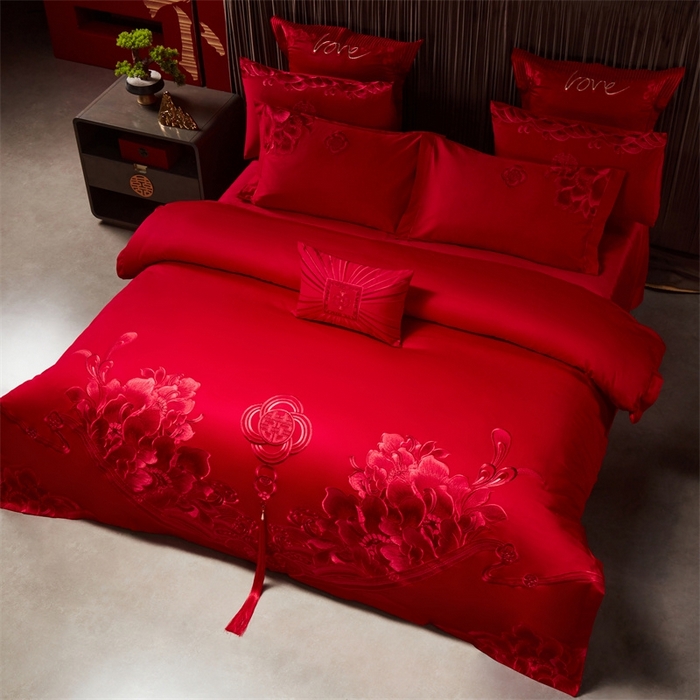 91家纺网 家纺一手货源 找家纺 红番天婚庆 （控价）2025新款全棉新中式刺绣款婚庆四件套多件套 富贵荣华-红