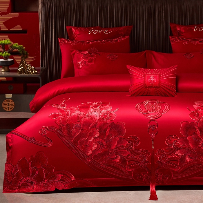 91家纺网 家纺一手货源 找家纺 红番天婚庆 （控价）2025新款全棉新中式刺绣款婚庆四件套多件套 富贵荣华-红