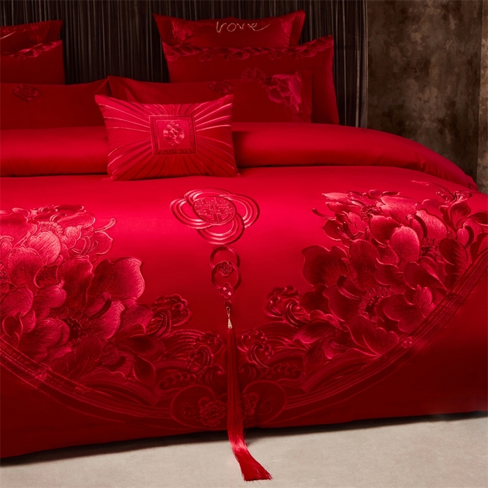 91家纺网 家纺一手货源 找家纺 红番天婚庆 （控价）2025新款全棉新中式刺绣款婚庆四件套多件套 富贵荣华-红