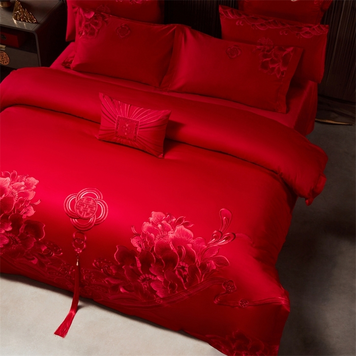 91家纺网 家纺一手货源 找家纺 红番天婚庆 （控价）2025新款全棉新中式刺绣款婚庆四件套多件套 富贵荣华-红