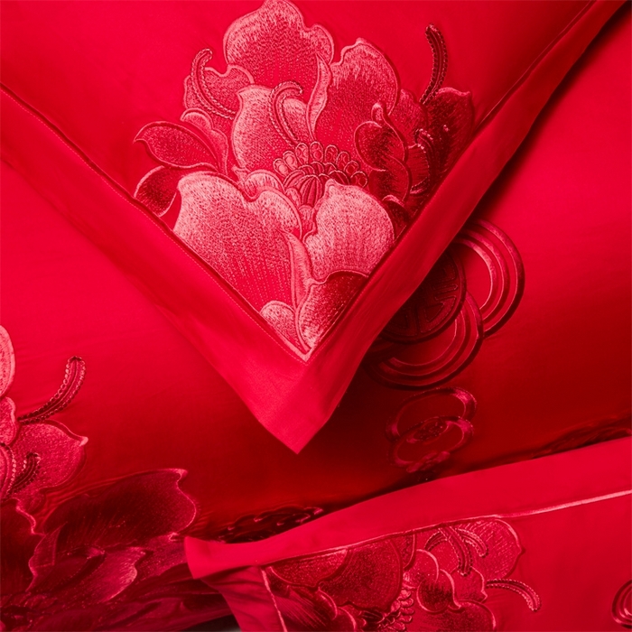 91家纺网 家纺一手货源 找家纺 红番天婚庆 （控价）2025新款全棉新中式刺绣款婚庆四件套多件套 富贵荣华-红