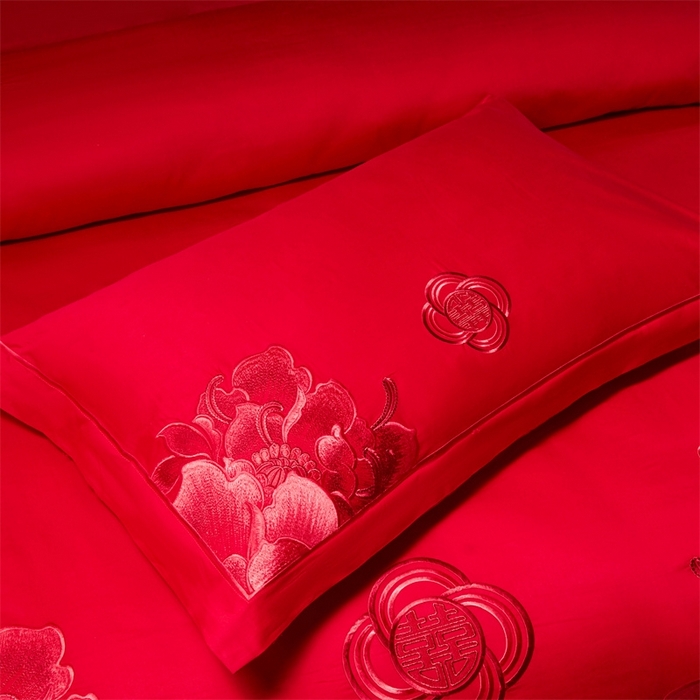 91家纺网 家纺一手货源 找家纺 红番天婚庆 （控价）2025新款全棉新中式刺绣款婚庆四件套多件套 富贵荣华-红