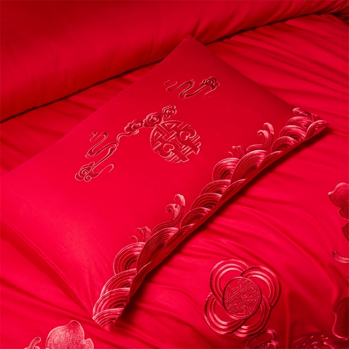 91家纺网 家纺一手货源 找家纺 红番天婚庆 （控价）2025新款全棉新中式刺绣款婚庆四件套多件套 富贵荣华-红