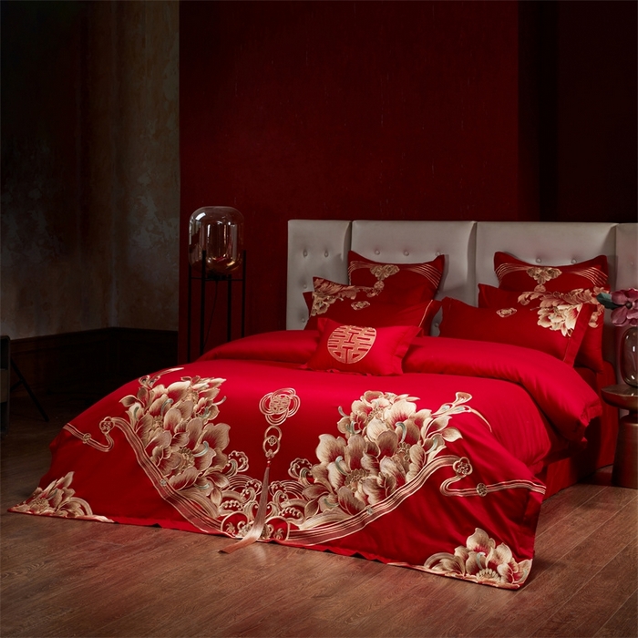 91家纺网 家纺一手货源 找家纺 红番天婚庆 （控价）2025新款全棉新中式刺绣款婚庆四件套多件套 富贵荣华-金