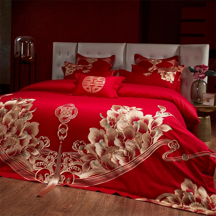 91家纺网 家纺一手货源 找家纺 红番天婚庆 （控价）2025新款全棉新中式刺绣款婚庆四件套多件套 富贵荣华-金