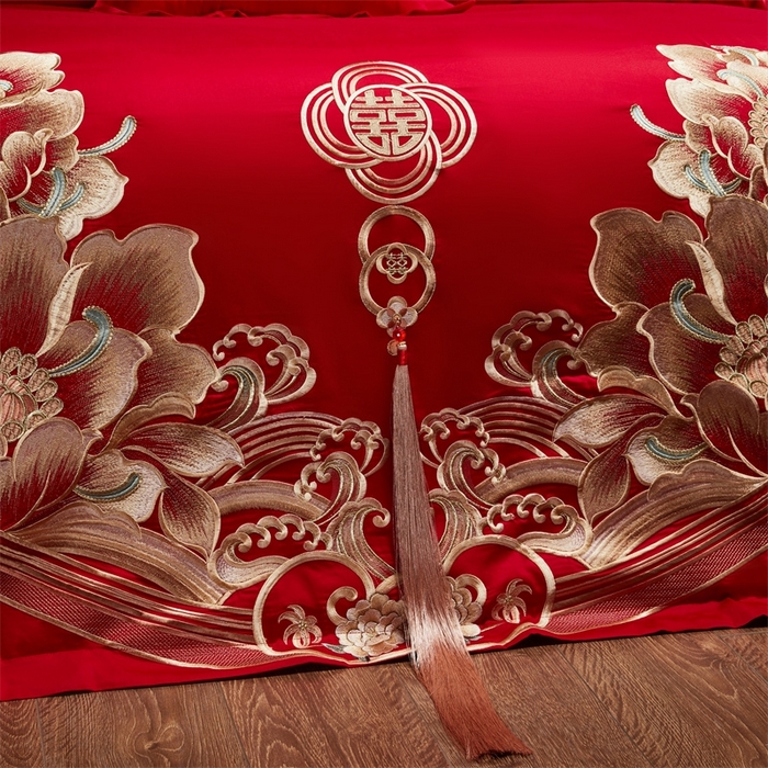 91家纺网 家纺一手货源 找家纺 红番天婚庆 （控价）2025新款全棉新中式刺绣款婚庆四件套多件套 富贵荣华-金