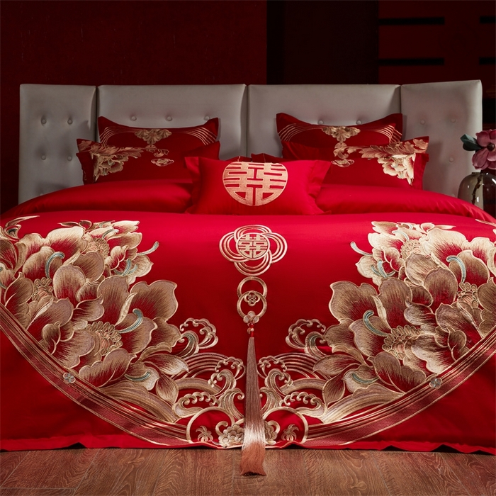 91家纺网 家纺一手货源 找家纺 红番天婚庆 （控价）2025新款全棉新中式刺绣款婚庆四件套多件套 富贵荣华-金