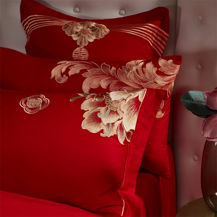 91家纺网 家纺一手货源 找家纺 红番天婚庆 （控价）2025新款全棉新中式刺绣款婚庆四件套多件套 富贵荣华-金