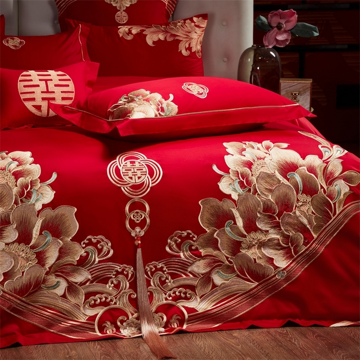 91家纺网 家纺一手货源 找家纺 红番天婚庆 （控价）2025新款全棉新中式刺绣款婚庆四件套多件套 富贵荣华-金