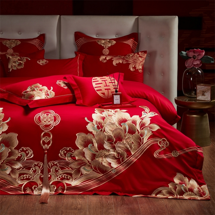 91家纺网 家纺一手货源 找家纺 红番天婚庆 （控价）2025新款全棉新中式刺绣款婚庆四件套多件套 富贵荣华-金