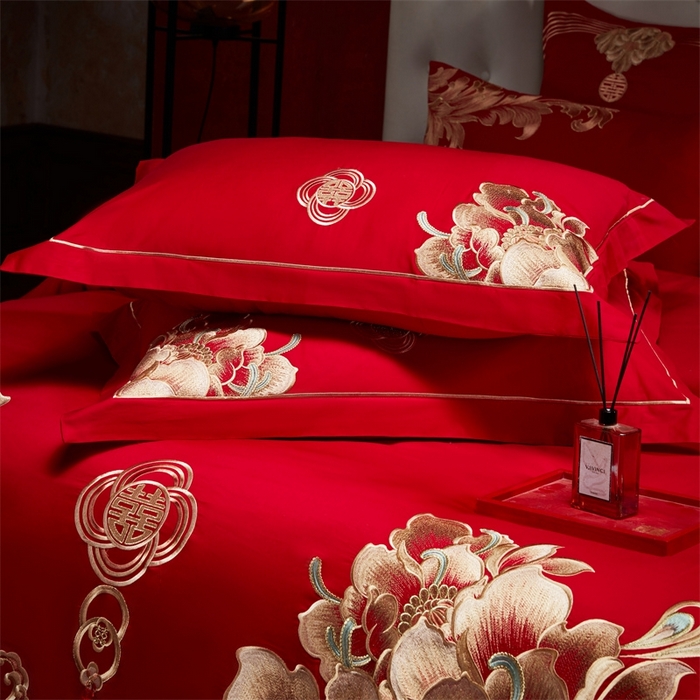 91家纺网 家纺一手货源 找家纺 红番天婚庆 （控价）2025新款全棉新中式刺绣款婚庆四件套多件套 富贵荣华-金