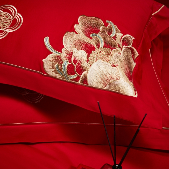 91家纺网 家纺一手货源 找家纺 红番天婚庆 （控价）2025新款全棉新中式刺绣款婚庆四件套多件套 富贵荣华-金