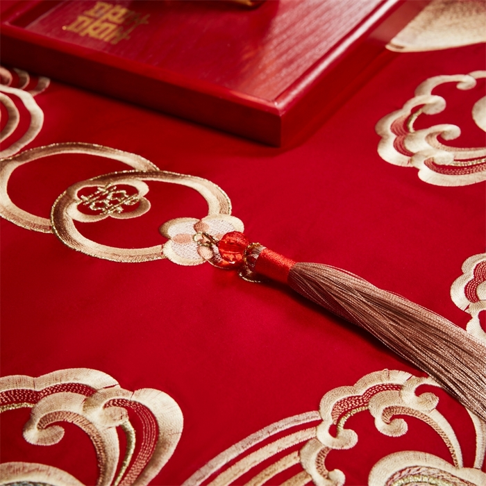 91家纺网 家纺一手货源 找家纺 红番天婚庆 （控价）2025新款全棉新中式刺绣款婚庆四件套多件套 富贵荣华-金