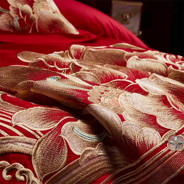 91家纺网 家纺一手货源 找家纺 红番天婚庆 （控价）2025新款全棉新中式刺绣款婚庆四件套多件套 富贵荣华-金