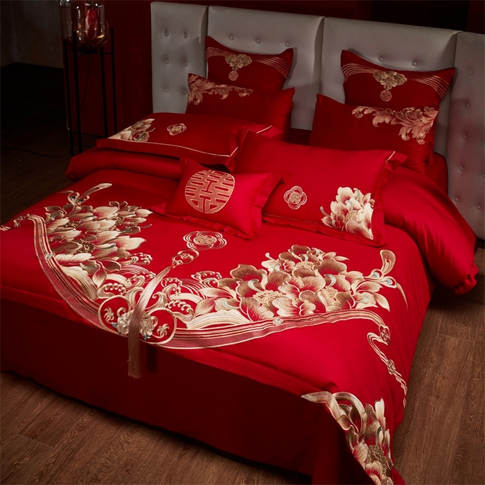 91家纺网 家纺一手货源 找家纺 红番天婚庆 （控价）2025新款全棉新中式刺绣款婚庆四件套多件套 富贵荣华-金