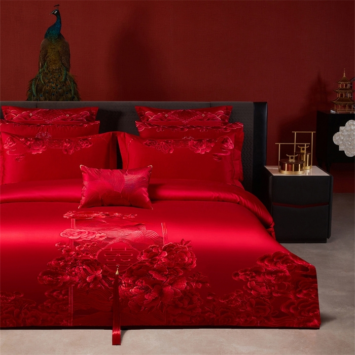 91家纺网 家纺一手货源 找家纺 红番天婚庆 （控价）2025新款全棉新中式刺绣款婚庆四件套多件套 花前月下-红