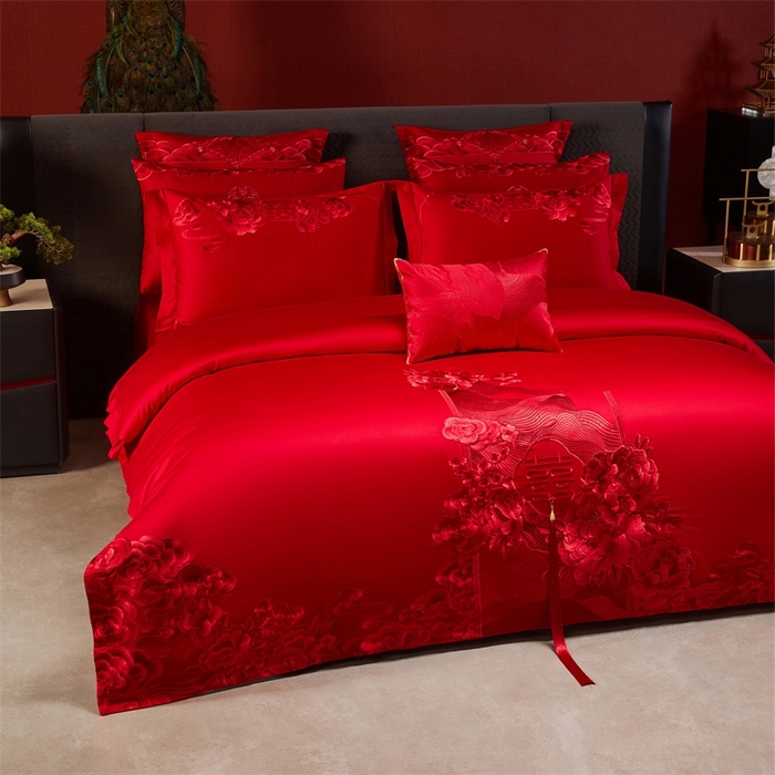 91家纺网 家纺一手货源 找家纺 红番天婚庆 （控价）2025新款全棉新中式刺绣款婚庆四件套多件套 花前月下-红