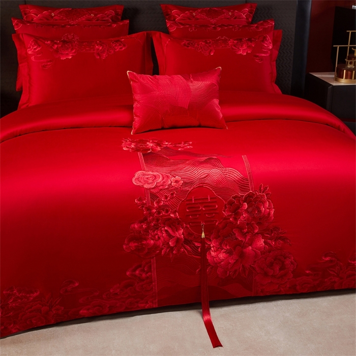 91家纺网 家纺一手货源 找家纺 红番天婚庆 （控价）2025新款全棉新中式刺绣款婚庆四件套多件套 花前月下-红