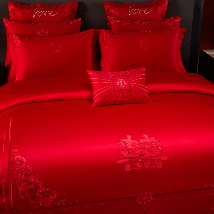 91家纺网 家纺一手货源 找家纺 红番天婚庆 （控价）2025新款全棉新中式刺绣款婚庆四件套多件套 嫁娶-红