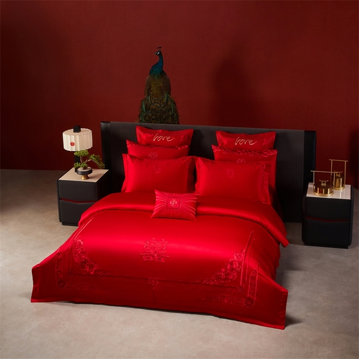 91家纺网 家纺一手货源 找家纺 红番天婚庆 （控价）2025新款全棉新中式刺绣款婚庆四件套多件套 嫁娶-红