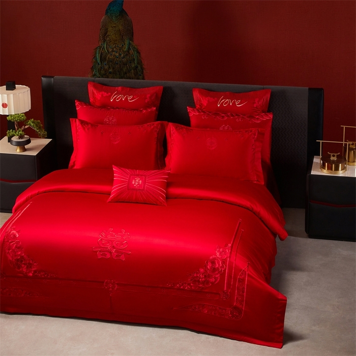 91家纺网 家纺一手货源 找家纺 红番天婚庆 （控价）2025新款全棉新中式刺绣款婚庆四件套多件套 嫁娶-红