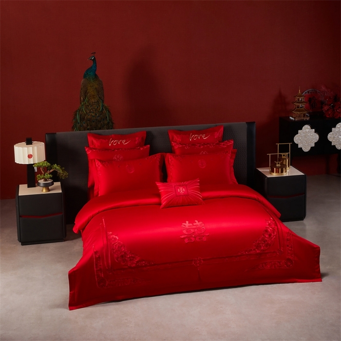 91家纺网 家纺一手货源 找家纺 红番天婚庆 （控价）2025新款全棉新中式刺绣款婚庆四件套多件套 嫁娶-红