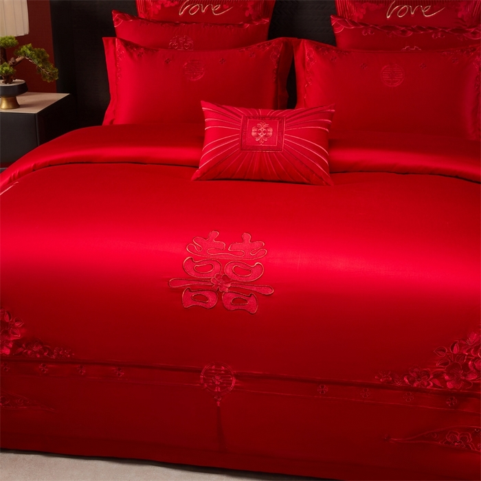 91家纺网 家纺一手货源 找家纺 红番天婚庆 （控价）2025新款全棉新中式刺绣款婚庆四件套多件套 嫁娶-红