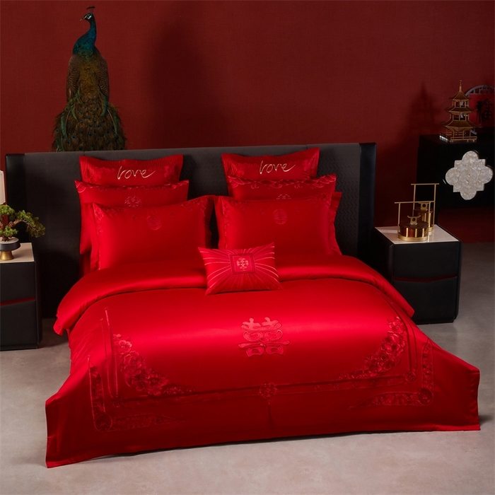 91家纺网 家纺一手货源 找家纺 红番天婚庆 （控价）2025新款全棉新中式刺绣款婚庆四件套多件套 嫁娶-红