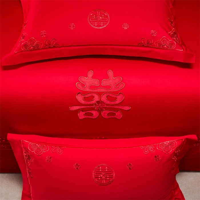 91家纺网 家纺一手货源 找家纺 红番天婚庆 （控价）2025新款全棉新中式刺绣款婚庆四件套多件套 嫁娶-红