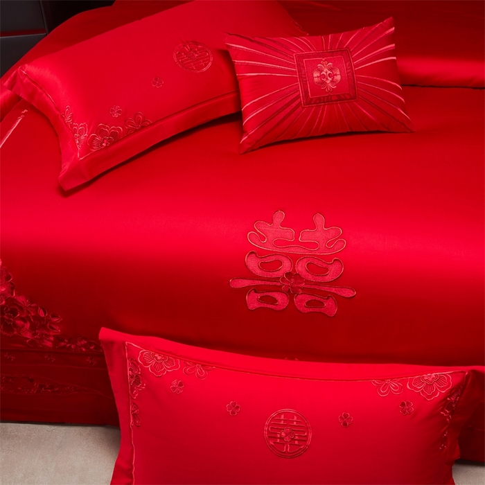 91家纺网 家纺一手货源 找家纺 红番天婚庆 （控价）2025新款全棉新中式刺绣款婚庆四件套多件套 嫁娶-红