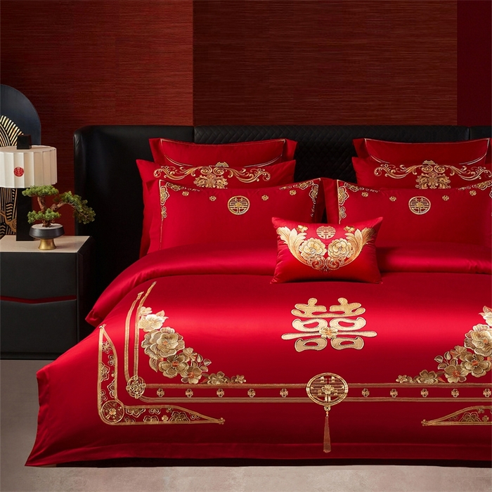 91家纺网 家纺一手货源 找家纺 红番天婚庆 （控价）2025新款全棉新中式刺绣款婚庆四件套多件套 嫁娶-金