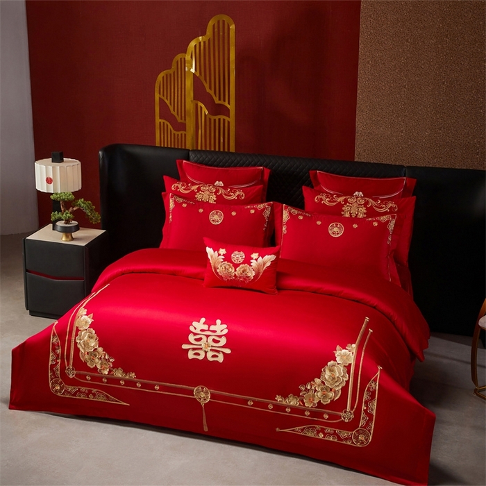 91家纺网 家纺一手货源 找家纺 红番天婚庆 （控价）2025新款全棉新中式刺绣款婚庆四件套多件套 嫁娶-金