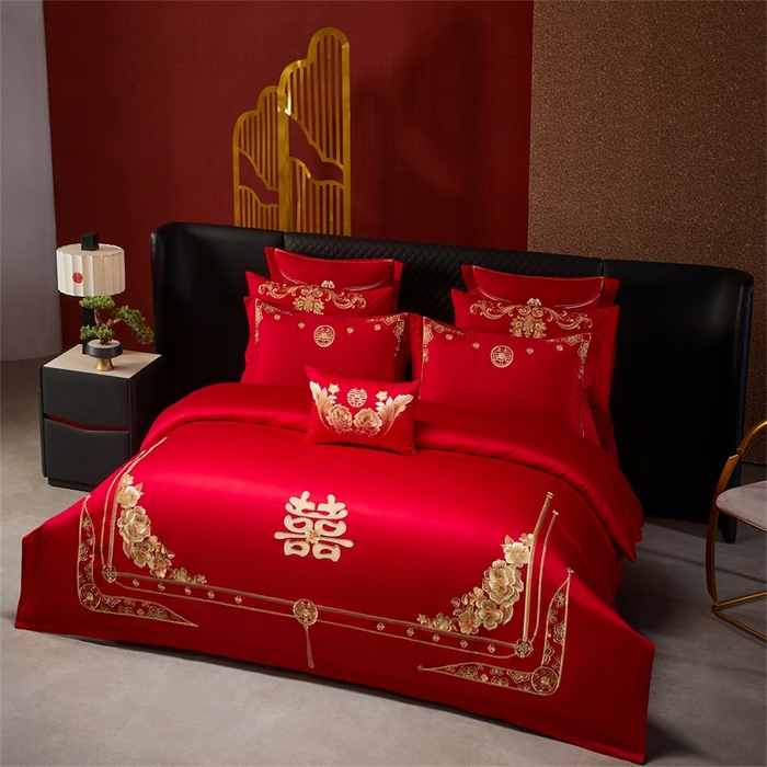 91家纺网 家纺一手货源 找家纺 红番天婚庆 （控价）2025新款全棉新中式刺绣款婚庆四件套多件套 嫁娶-金