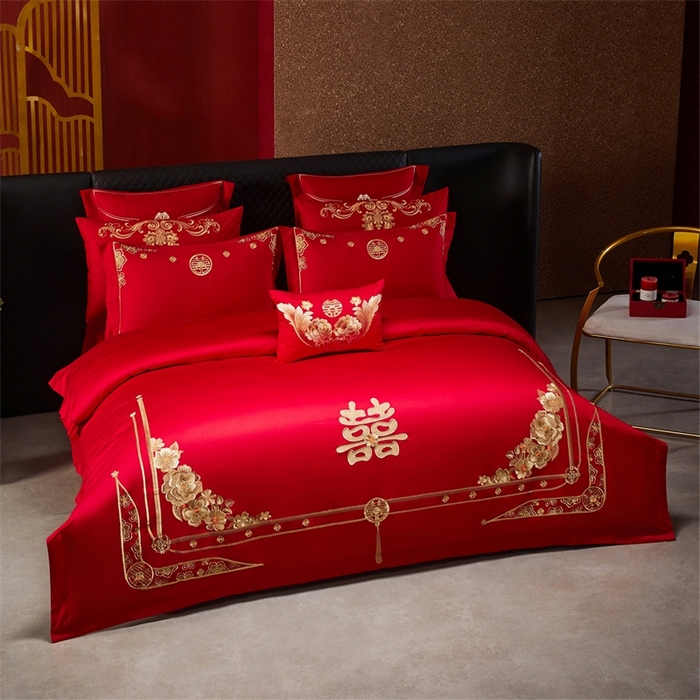 91家纺网 家纺一手货源 找家纺 红番天婚庆 （控价）2025新款全棉新中式刺绣款婚庆四件套多件套 嫁娶-金